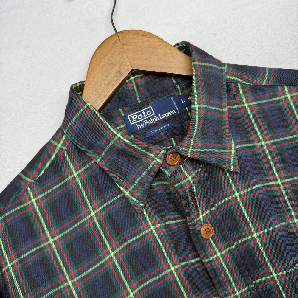 Vintage Polo Ralph Lauren Shirt Mens Large Multicolor Shadow Plaid Button Rayon